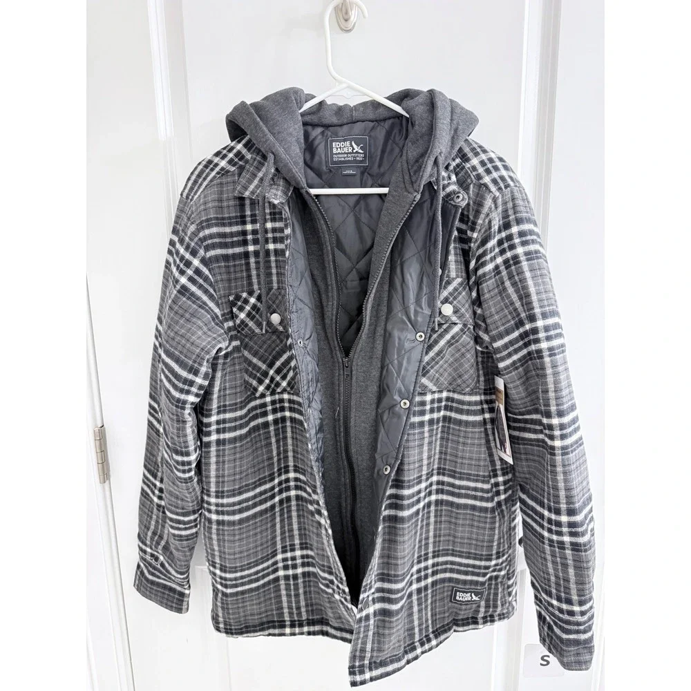 Eddie Bauer Mens Hooded Shirt Jacket Grey Plaid Quilted Lined Flannel Shacket S